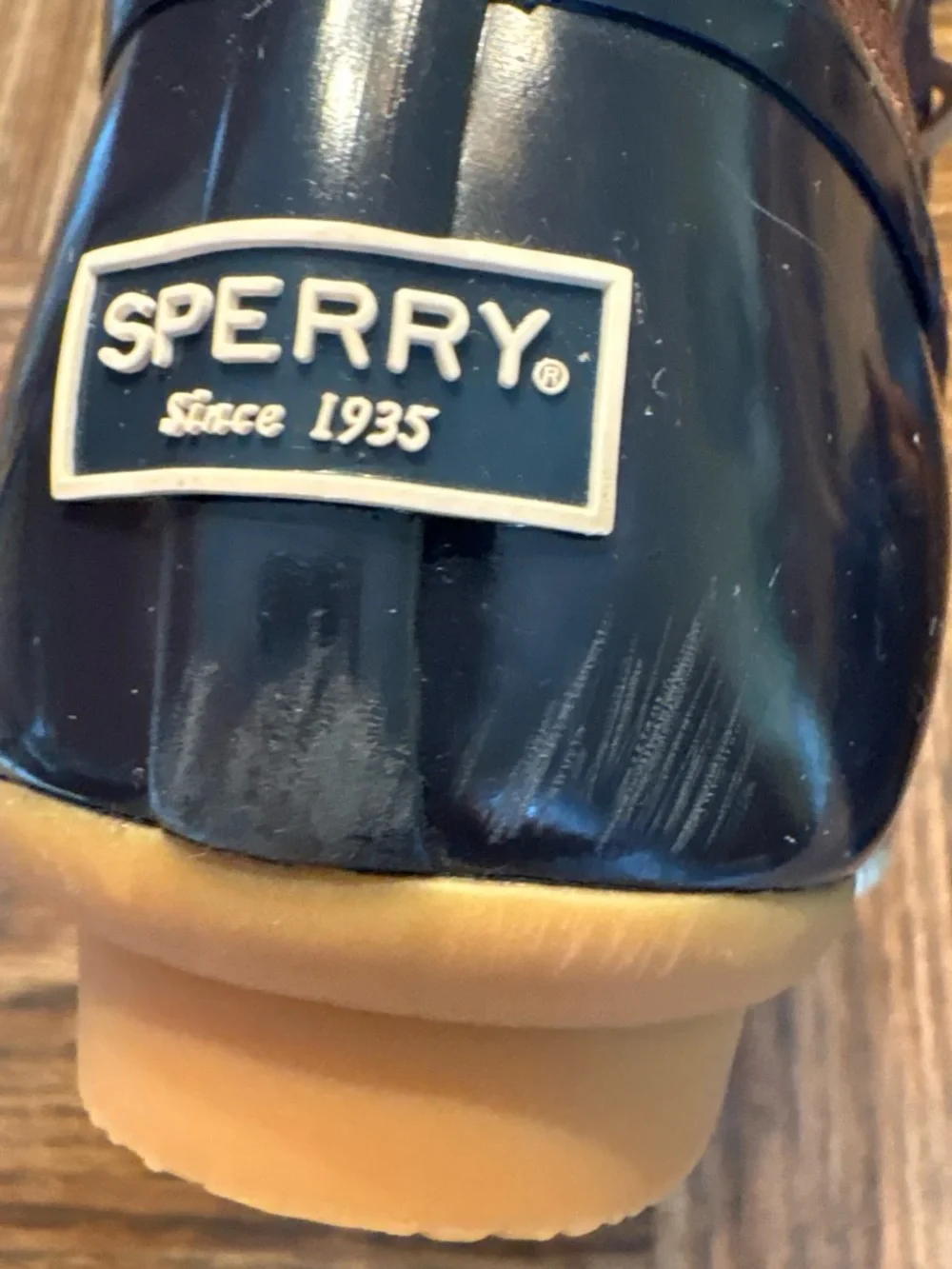 Sperry Navy Rubber & Brown Leather Kids Rain Boots